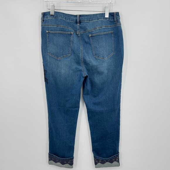 Chico's The Platinum ankle jeans size 12 embroidered lace cuff crop blue denim - Picture 5 of 8